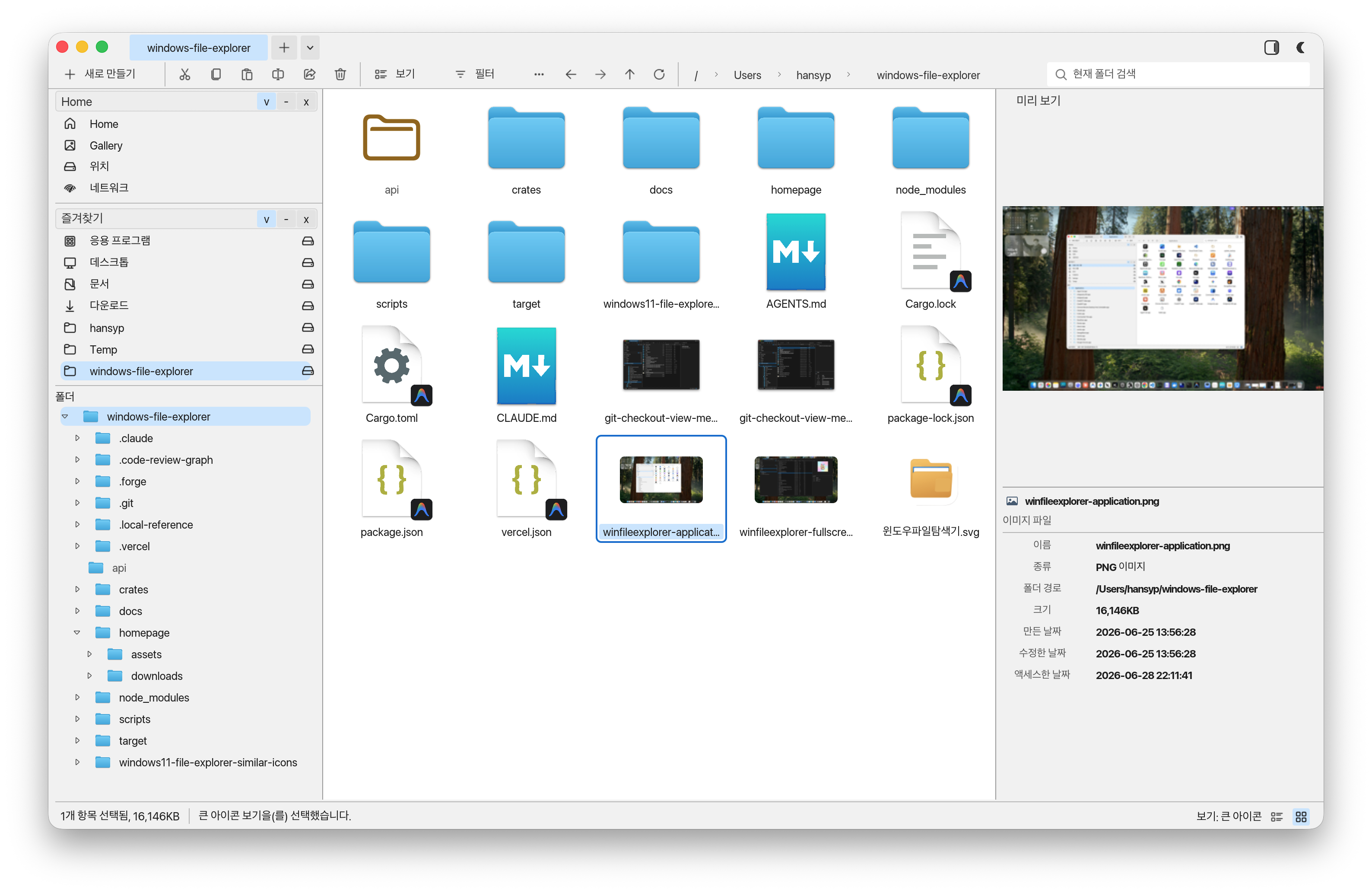 라지 아이콘 보기에서 다양한 파일과 폴더가 이미지 썸네일과 시스템 아이콘으로 표시되는 Windows File Explorer for Mac 화면